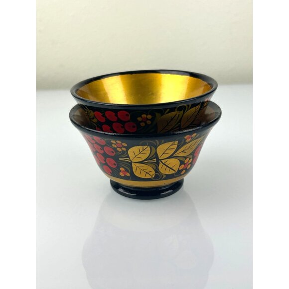 Vintage USSR Russian Wooden Lacquered Small Bowls Set of 2 Red Berries Gold Blck - Picture 13 of 16